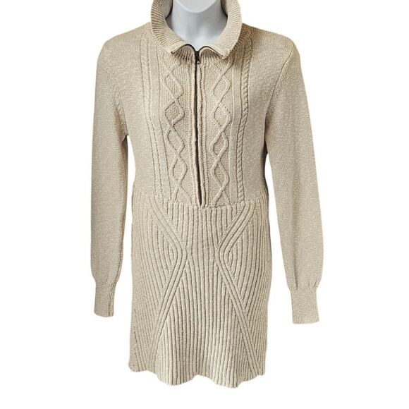 💥Free People XL Zip Front Cable Knit Sweater Mini Dress Beige Boho Cozy Chic - Picture 3 of 15